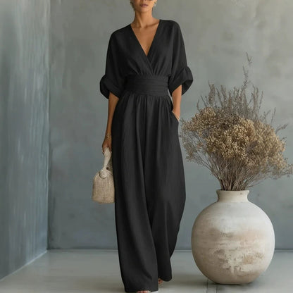 Women's V-Neck Wide-Leg Jumpsuit – High Waist Pleated Elegant 11 Colors S–5XL FitiqueFit