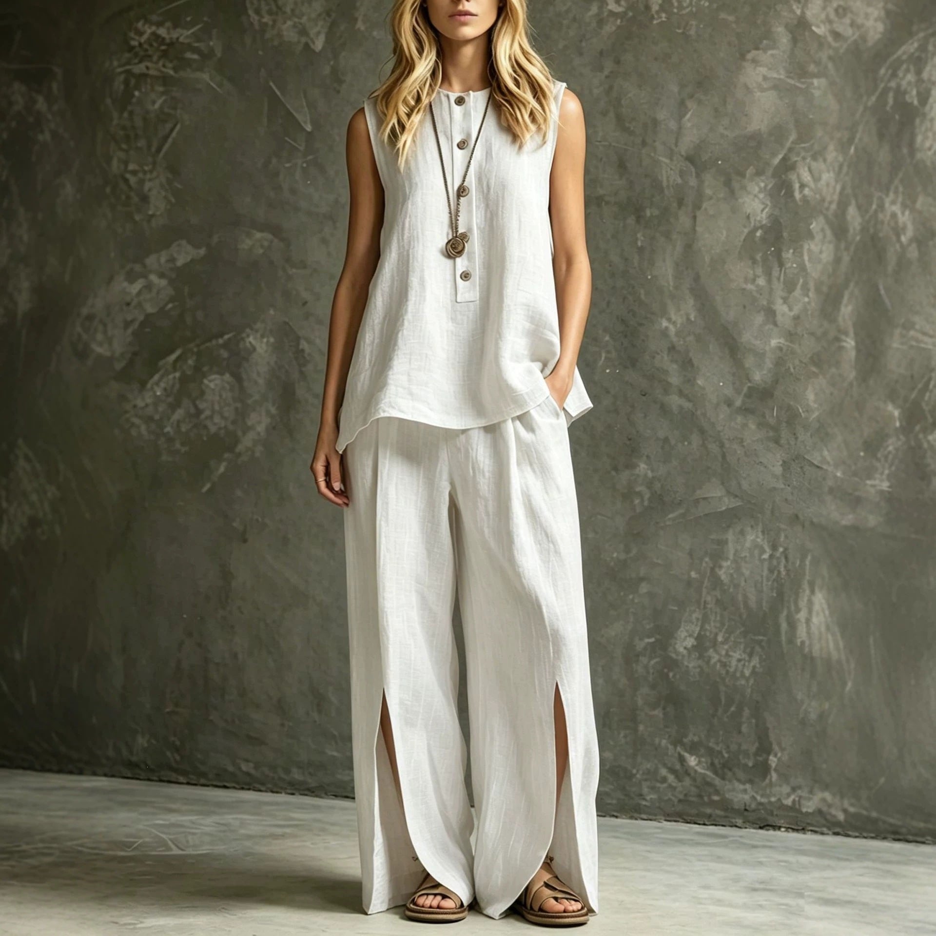 Women's Loose Sleeveless Tank Top & Slit Wide-Leg Pants Two-Piece Set FitiqueFit