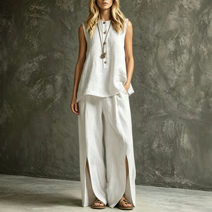 Women's Loose Sleeveless Tank Top & Slit Wide-Leg Pants Two-Piece Set FitiqueFit