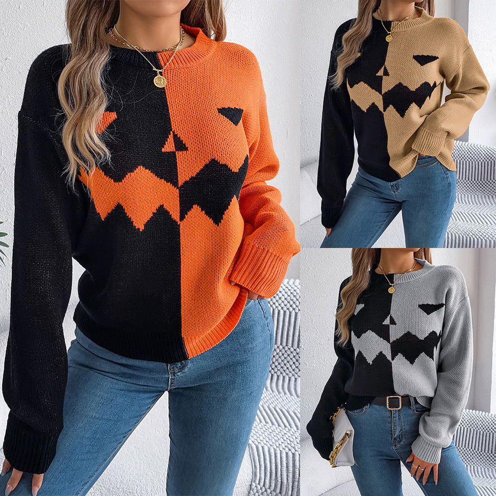 Women’s Spooky Pumpkin Contrast Long-Sleeve Pullover Sweater FitiqueFit