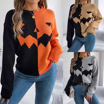 Women’s Spooky Pumpkin Contrast Long-Sleeve Pullover Sweater FitiqueFit