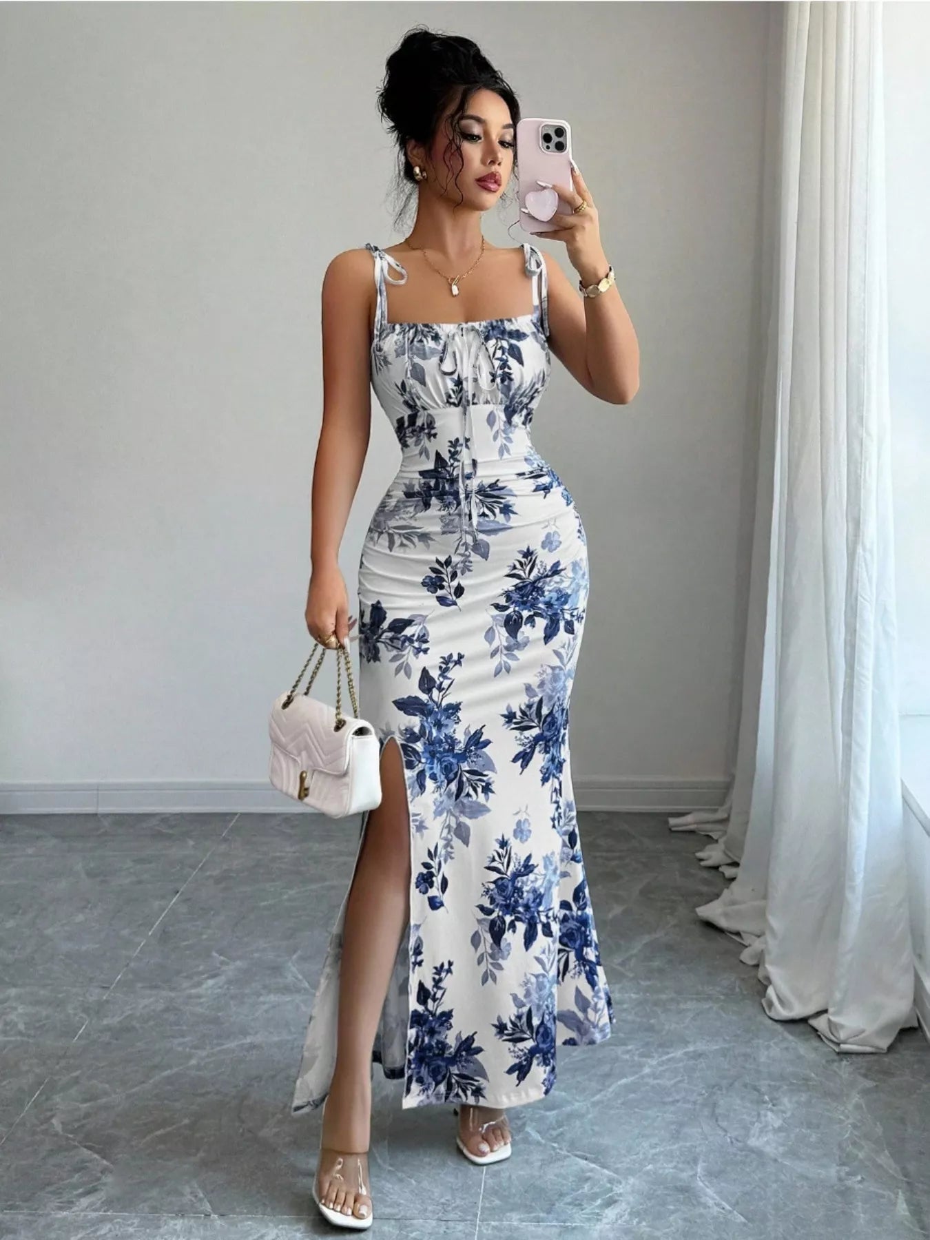 Printed Tie Strap Slit Maxi Dress New Era Fashion LLc