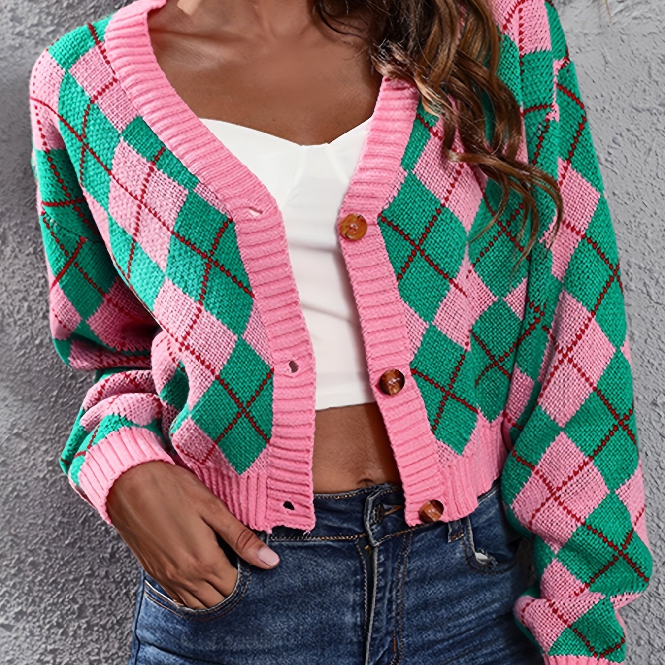 Women'S Elegant Tartan Knit Cardigan, V-Neck Short Length Sweater with Button Detail, Acrylic 100% Long Sleeve Knitwear for Fall/Winter NovaCart