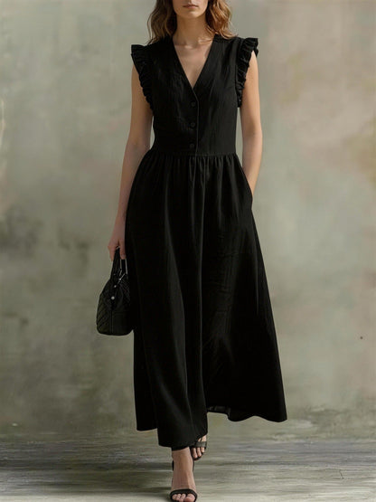 V-Neck Puff-Sleeve Dress with Pockets – Cotton Linen, 7 Colors FitiqueFit