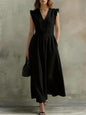 V-Neck Puff-Sleeve Dress with Pockets – Cotton Linen, 7 Colors FitiqueFit