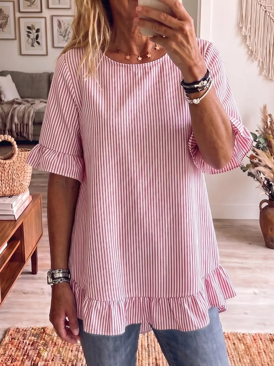 Women's Striped Ruffle-Sleeve Loose-Fit Blouse – Three-Quarter Sleeve FitiqueFit