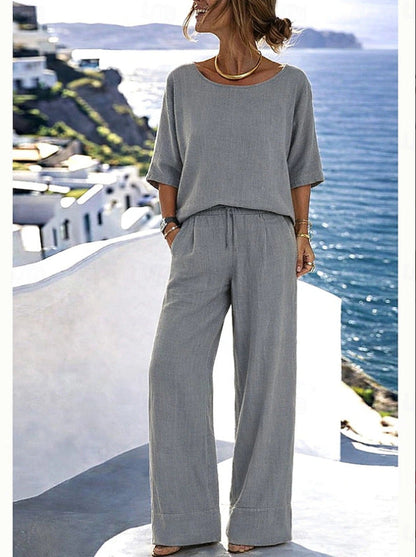 Women's Cotton Linen Resort Set – Short Sleeve Top & Wide-Leg Pants FitiqueFit
