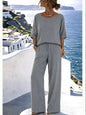 Women's Cotton Linen Resort Set – Short Sleeve Top & Wide-Leg Pants FitiqueFit