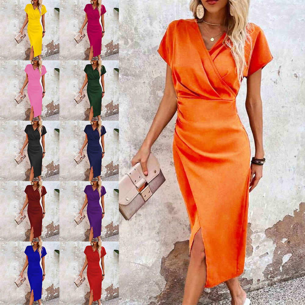Split V-Neck Bodycon Dress – Slim Fit Short Sleeve Slit Dress FitiqueFit