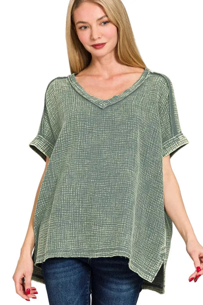 Zenana Acid Washed Double Gauze V-Neck Tee West2East Surf