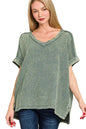 Zenana Acid Washed Double Gauze V-Neck Tee West2East Surf
