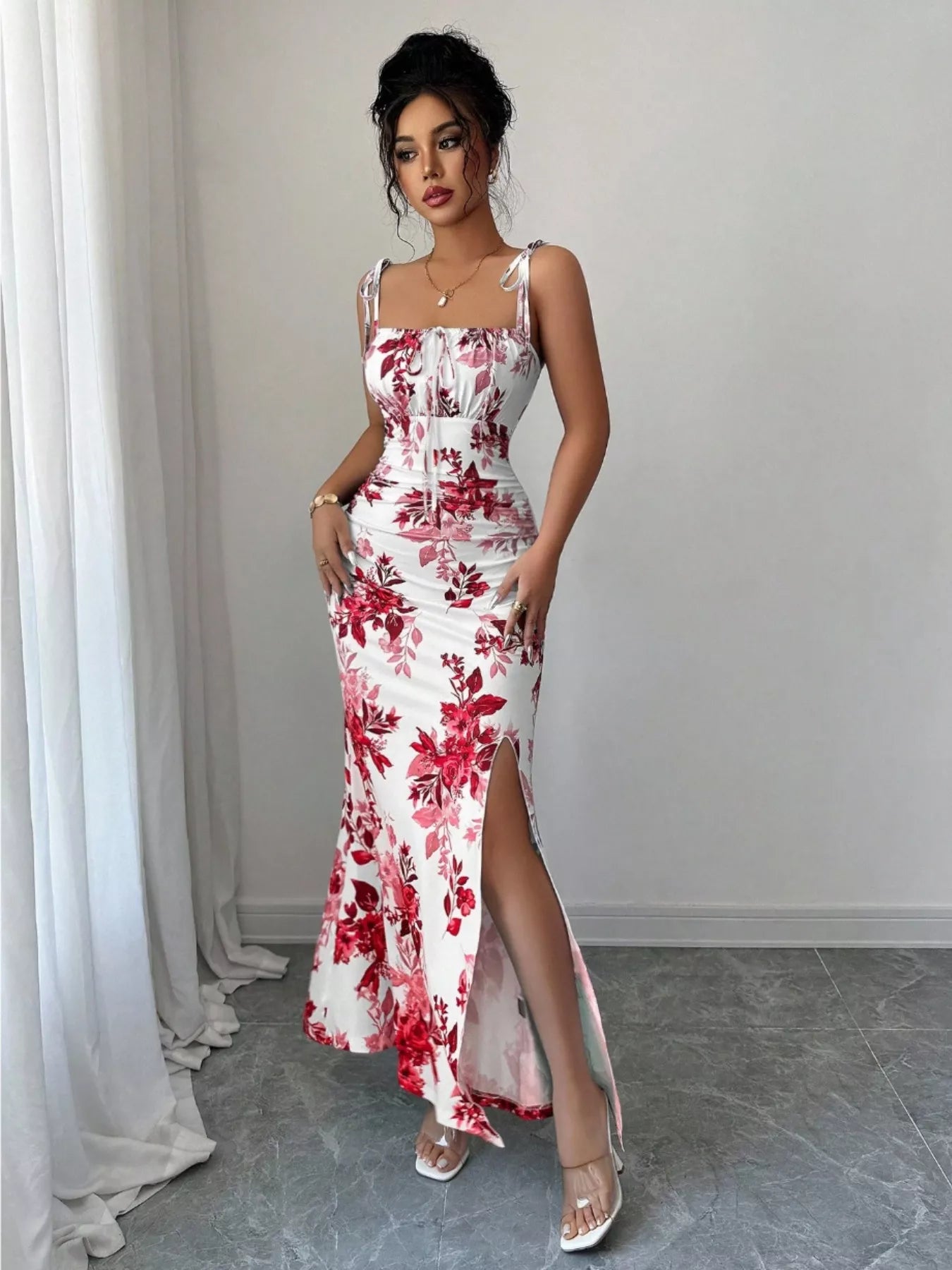 Printed Tie Strap Slit Maxi Dress New Era Fashion LLc