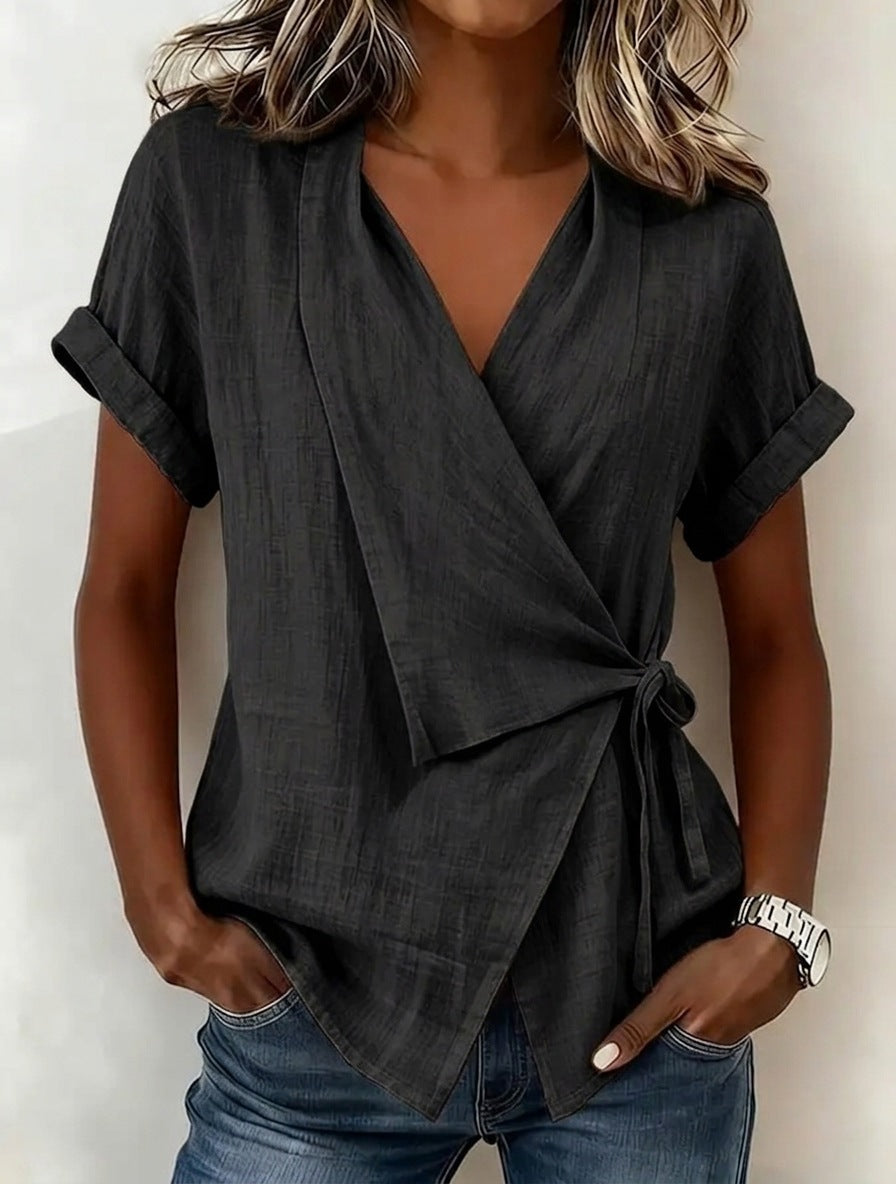 Women's Casual Lapel Collar Lace-Up Short-Sleeve Linen Top FitiqueFit