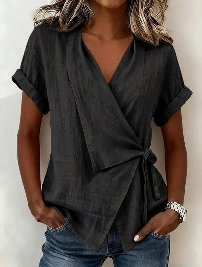 Women's Casual Lapel Collar Lace-Up Short-Sleeve Linen Top FitiqueFit