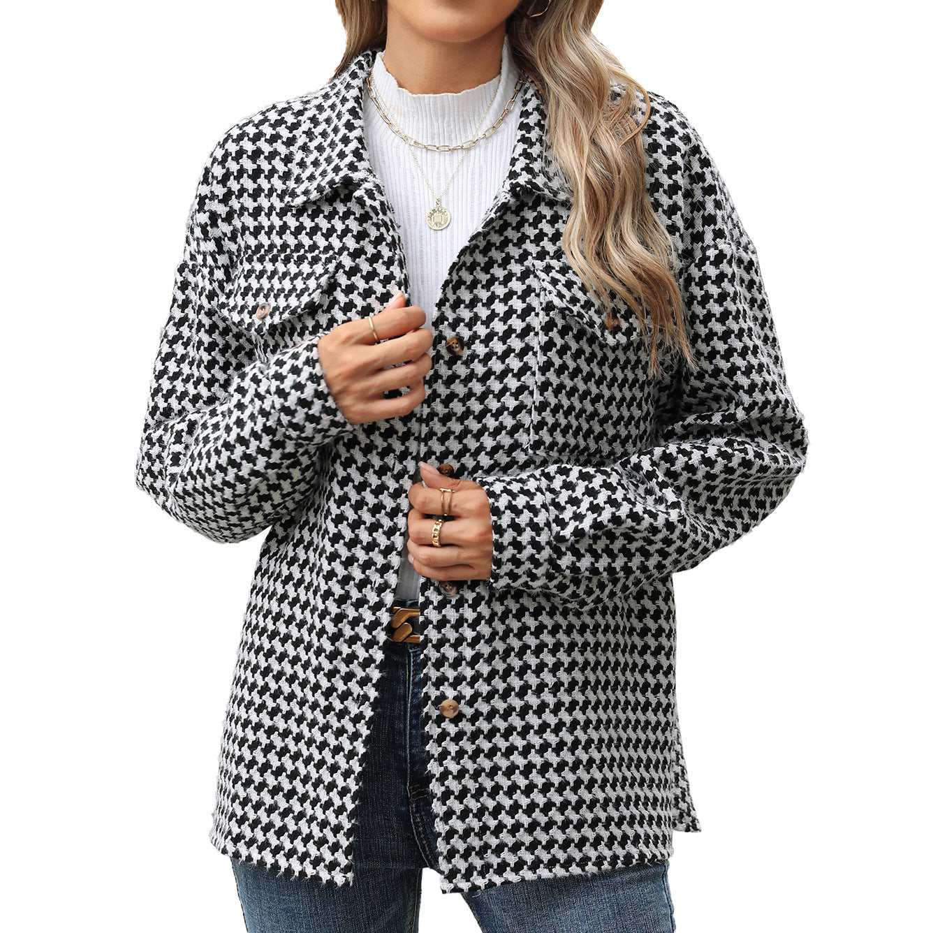Fashion Houndstooth Lapel Tweed Coat Casual Loose Long Sleeve Jacket With Pocket Outwear Tops For Womens Clothing See size chart under “more details” The Fashion Celestial