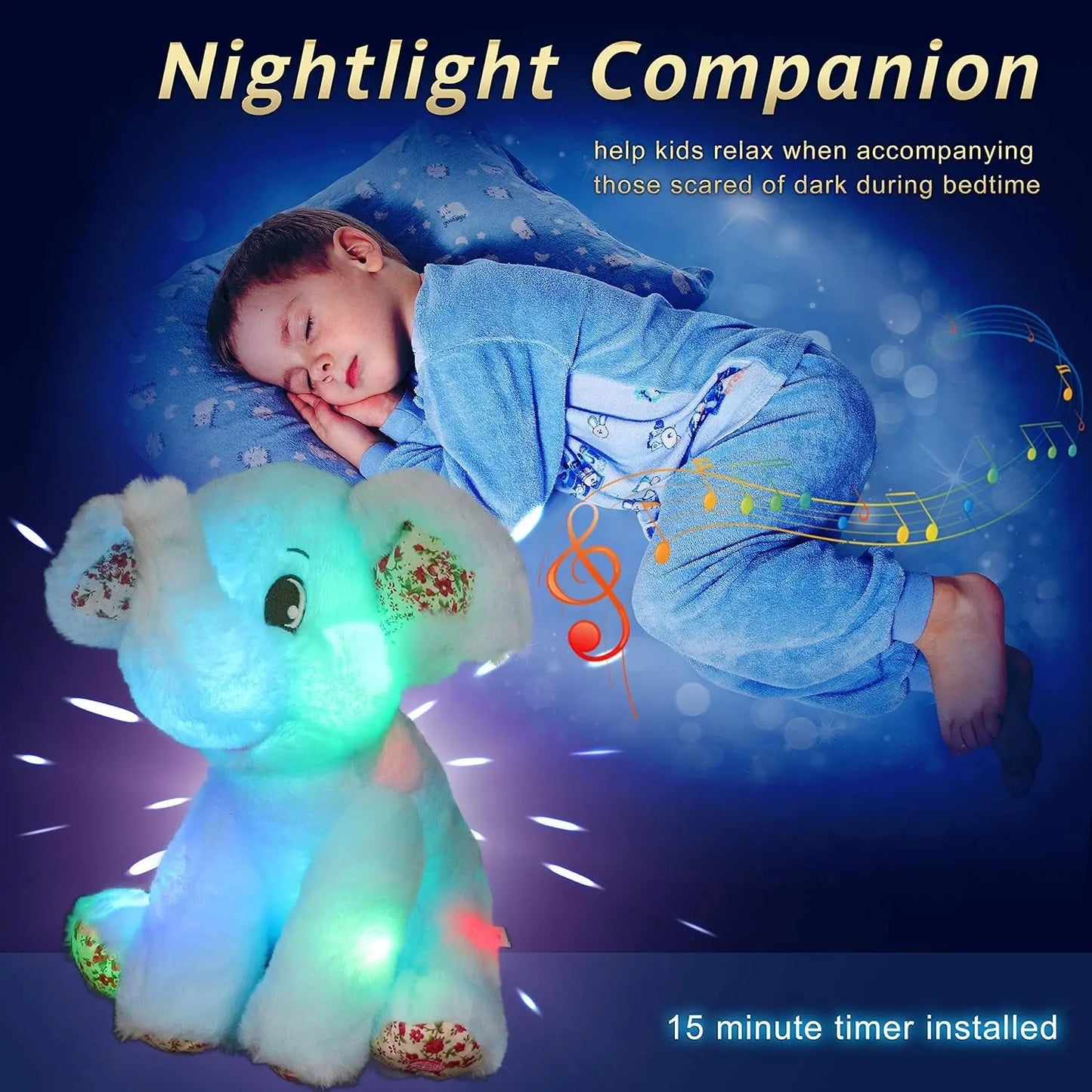 12-Inch Musical Light-Up Elephant Plush Toy - Adorable LED Nightlight with Lullabies for Kids - Perfect Gift for Birthdays and Special Occasions