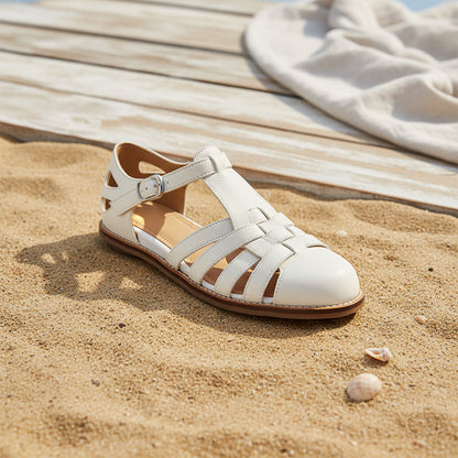 Women's Washed Full Grain Leather Fisherman Sandals – Closed-Toe Woven T-Strap FitiqueFit