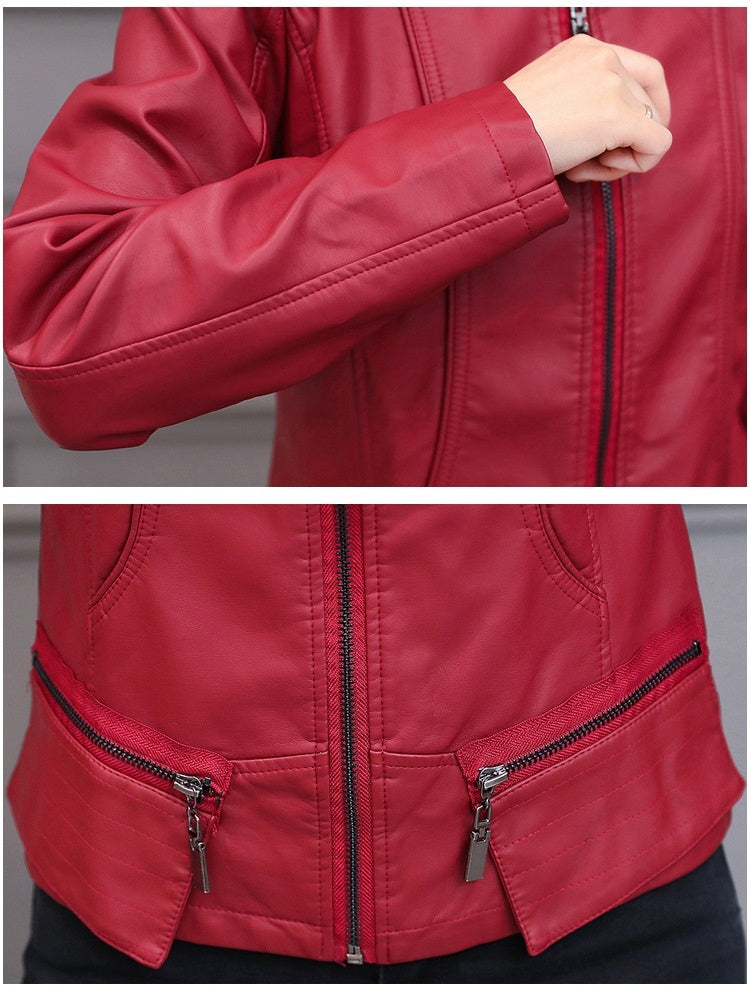 Korean-Style Slim Fit Motorcycle Leather Coat — Stand-Up Collar FitiqueFit