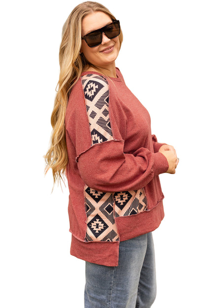 Redwood Burl Aztec Patchwork Drop Shoulder Plus Size High Low Sweatshirt Garden Naked Curves