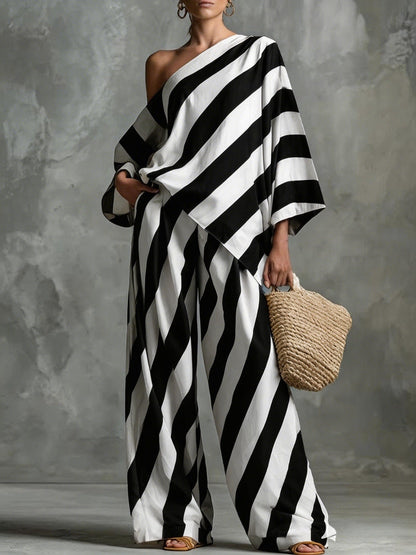Women's Retro Striped Batwing Top & Wide-Leg Pants Set – Vintage 2-Piece FitiqueFit