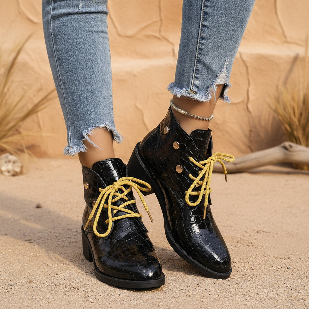 Women's Chunky Heel Pointed-Toe Lace-Up Ankle Boots FitiqueFit