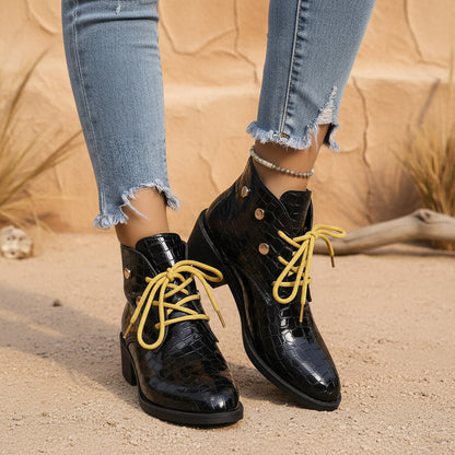 Women's Chunky Heel Pointed-Toe Lace-Up Ankle Boots FitiqueFit