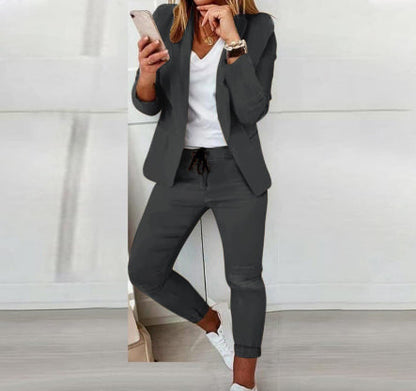 Women’s Notch-Lapel Blazer & Drawstring Pants Suit Set FitiqueFit