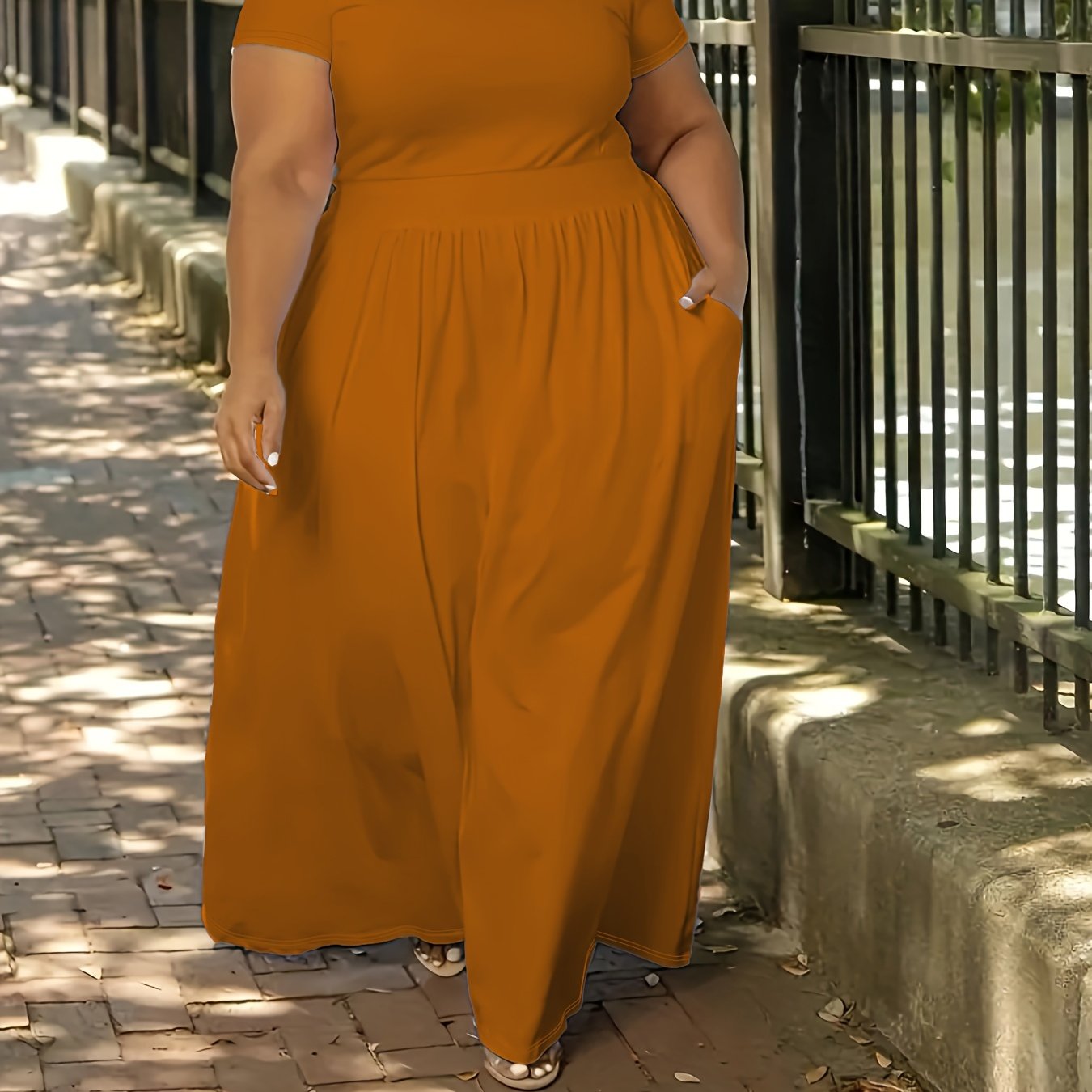 Plus Size Solid Short Sleeve Maxi Dress, Women's Plus Medium Stretch Elegant Long Dress NovaCart