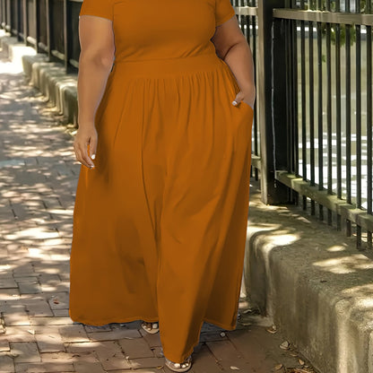 Plus Size Solid Short Sleeve Maxi Dress, Women's Plus Medium Stretch Elegant Long Dress NovaCart