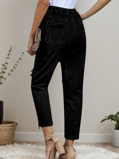 Women’s Distressed Stretch Jeans – Casual Elastic Waist Denim Joggers FitiqueFit