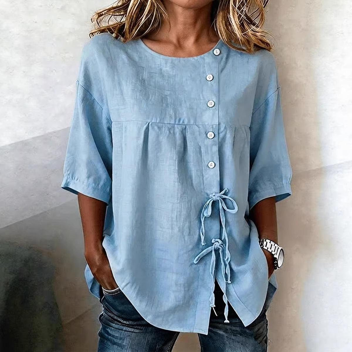 Women's Linen Lace-Up Button Shirt – 3/4 Sleeve Asymmetric FitiqueFit