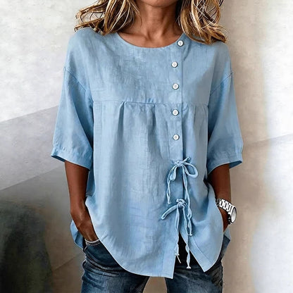 Women's Linen Lace-Up Button Shirt – 3/4 Sleeve Asymmetric FitiqueFit
