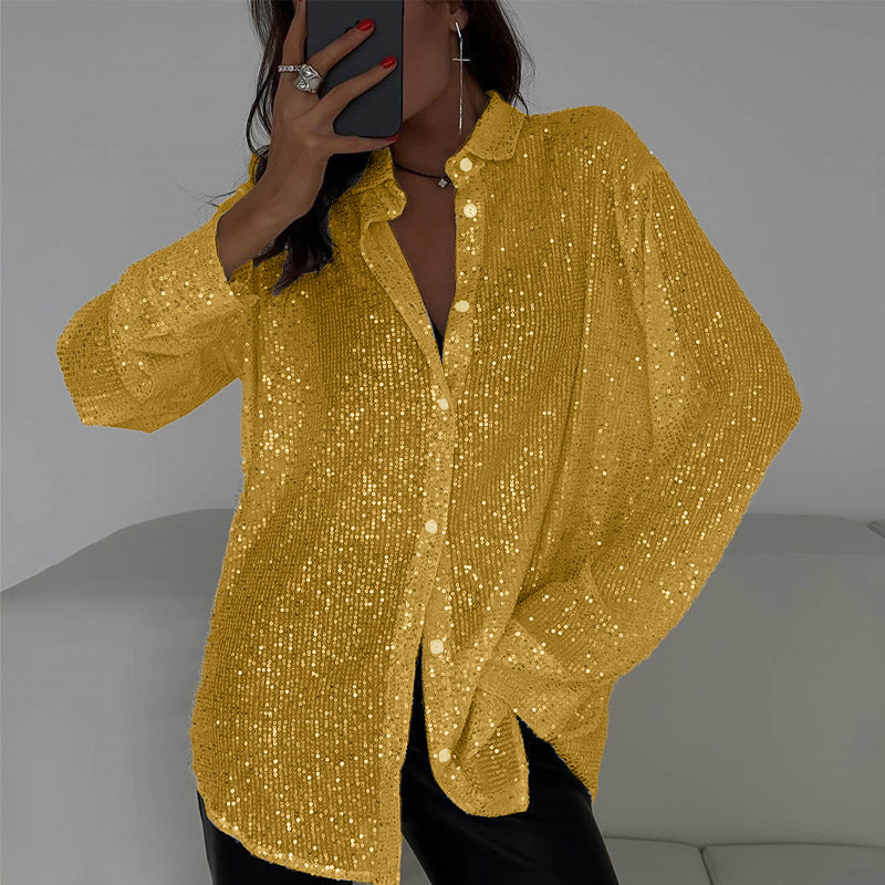 Sequin Lapel Long Sleeve Shirt See size chart under “more details” The Fashion Celestial