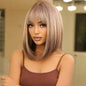 Elegant 14 inch Gray Ombre Brown Bob Wig for Women with Bangs, Shoulder Length Straight Hair Wig, High Temperature Fiber, Rose Net Cap, Natural Look NovaCart