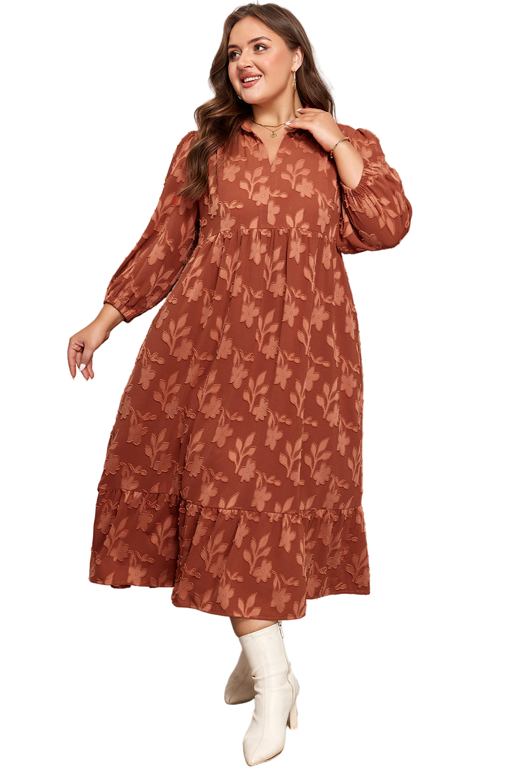 Cinnamon Plus Size Textured 3D Flower Pattern Ruffle Hem 3/4 Sleeve Long Dress Garden Naked Curves