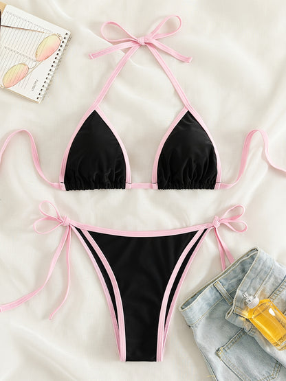 Contrast Trim Tie Side 2 Piece Bikini Swimsuit, Triangle Halter Tie Back Neck Stretchy Beachwear, Cute & Sexy, Women's Swimwear & Clothing NovaCart