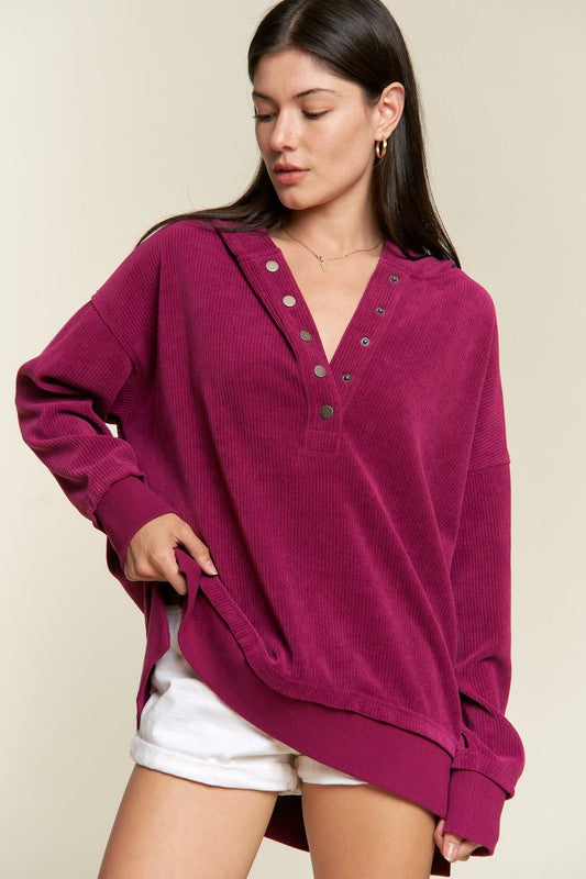 Long Sleeve Button Down Ribbed Hooded Sweatshirt Shop Style & More | Fresh Looks, Everyday Deals & Free Shipping