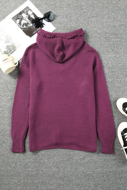Solid Ribbed Drop Shoulder Hooded V-Neck Sweater Shop Style & More | Fresh Looks, Everyday Deals & Free Shipping