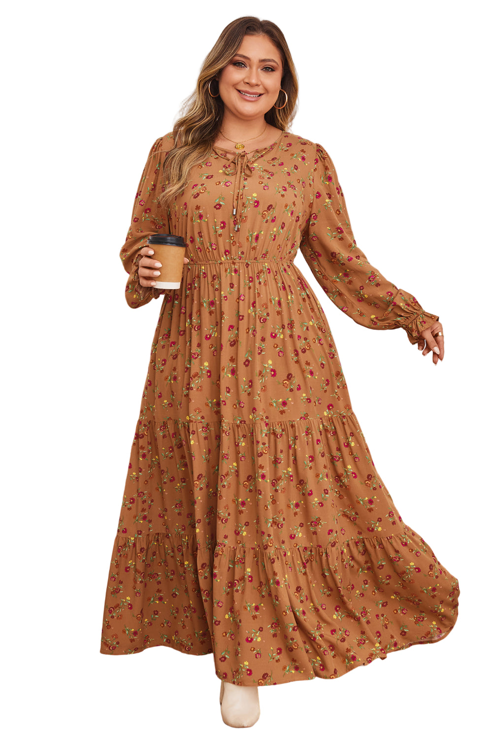 Brown Plus Size Floral Split V Neck Ruffled Sleeve Tiered Maxi Dress Garden Naked Curves
