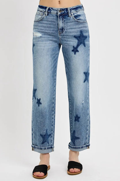 RISEN Full Size Mid Rise Boyfriend Star Shadow Detail Cuffed Jeans Plus Size West2East Surf