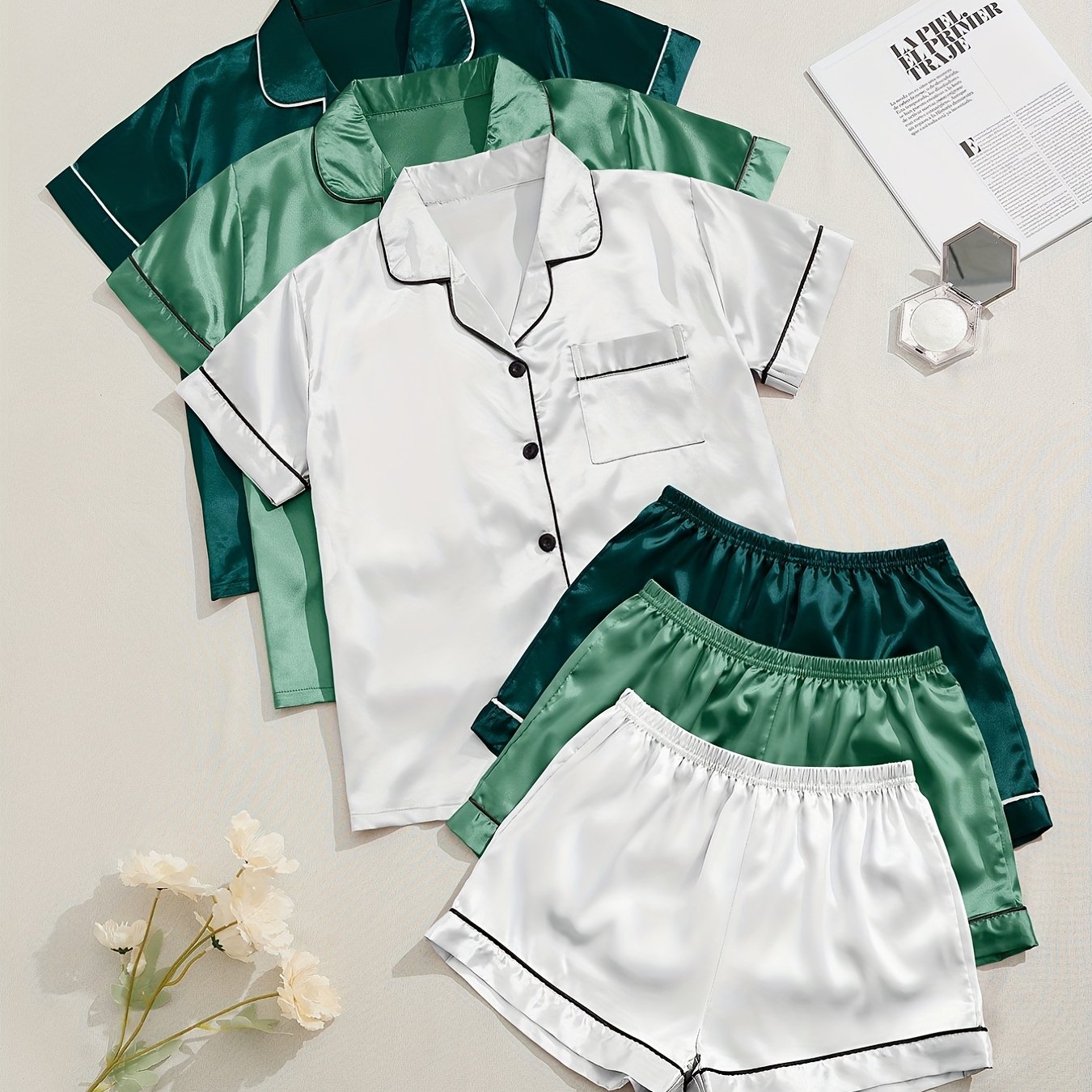[Three Suits] Multicolor Variety of Short-sleeved Shorts Solid Color Imitation Y Satin PJ Set Women's Two-piece Suit NovaCart