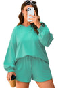 Sea Green Drop Shoulder V Neck Pullover Top and Drawstring Short Plus Size Set Garden Naked Curves