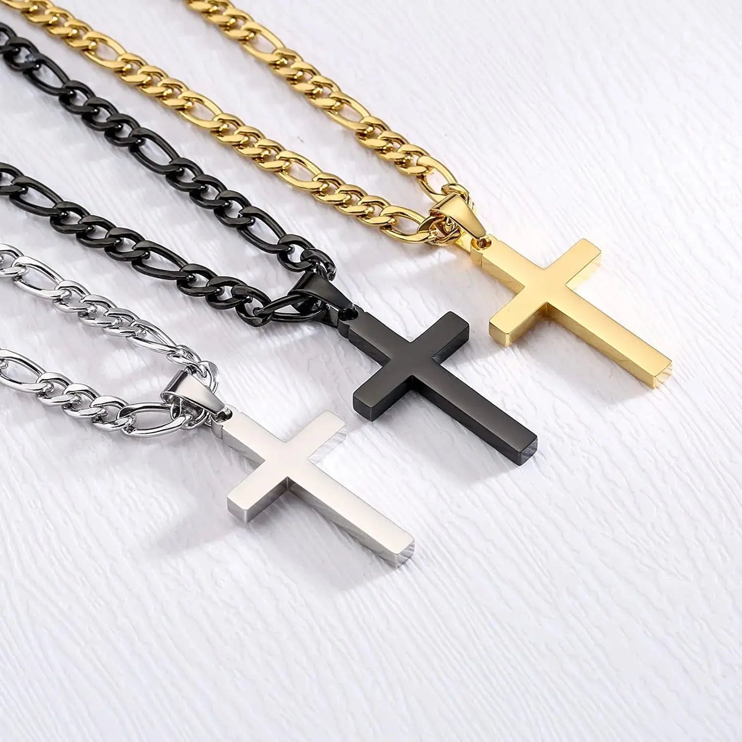 Stylish Layered Gold Cross Necklaces Set for Men and Boys - Durable Stainless Steel Cuban Figaro Pendant Chains - Perfect Religious Gifts for Baptism, First Communion, and Special Occasions