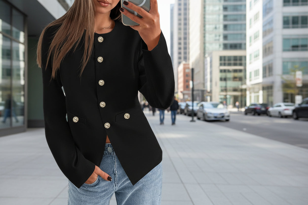 Women’s Round Neck Button Cardigan – Long Sleeve Classic Knit Sweater FitiqueFit