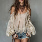 Women's Ruffle Detail Puff Sleeve Blouse – Strap-Layered Lace-Look FitiqueFit