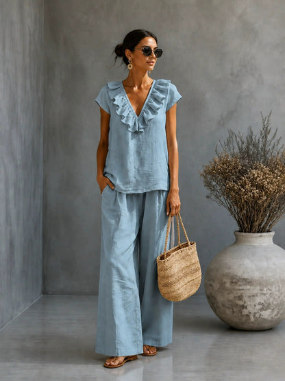 Women's V-Neck Ruffled Hem Top & Wide-Leg Pants Two-Piece Set FitiqueFit