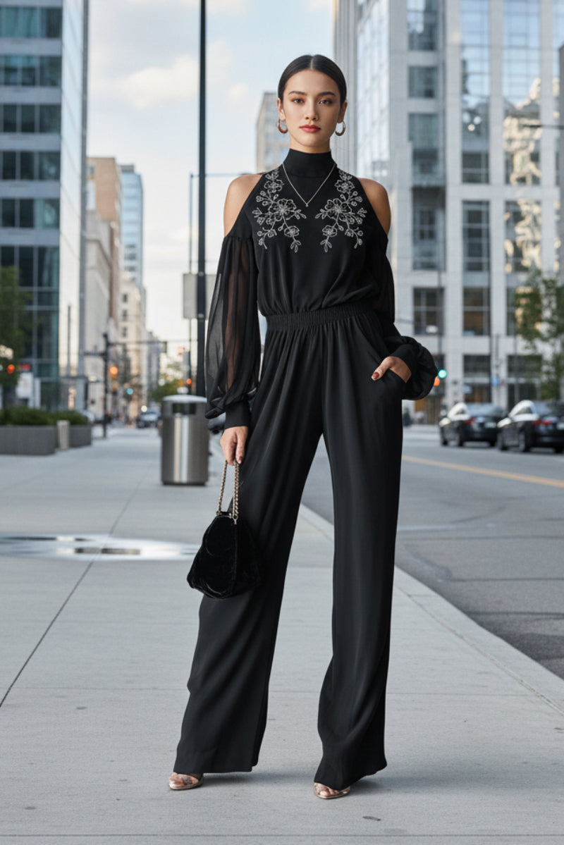 Black Embroidered Women’s Long-Sleeve Wide-Leg Jumpsuit FitiqueFit