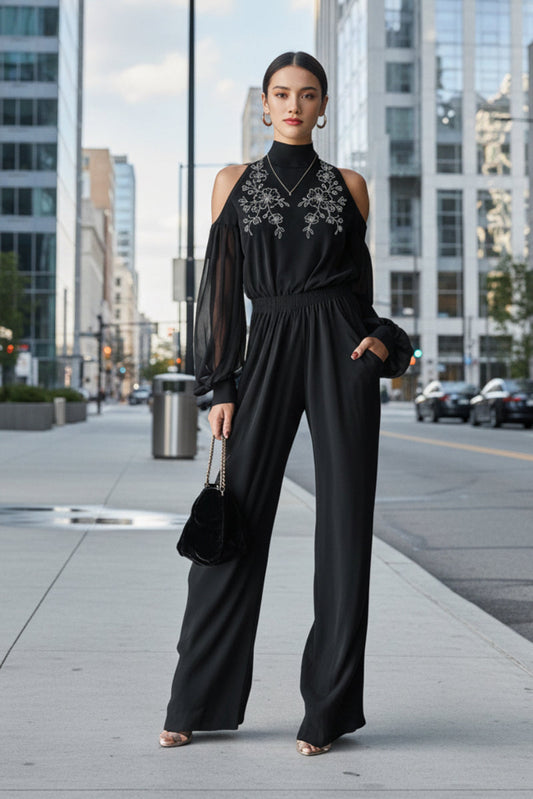 Black Embroidered Women’s Long-Sleeve Wide-Leg Jumpsuit FitiqueFit