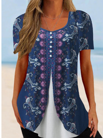 Women’s Printed Faux Two-Piece V-Neck Short Sleeve Top FitiqueFit