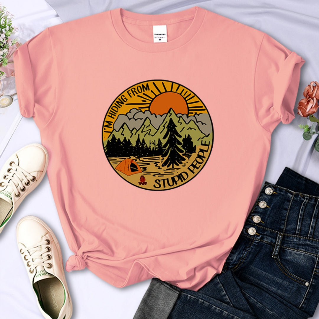 I'm Hiding From Stupid People Camping Scenery Women's Tops Hip-hop Fashion Street See size chart under “more details” The Fashion Celestial